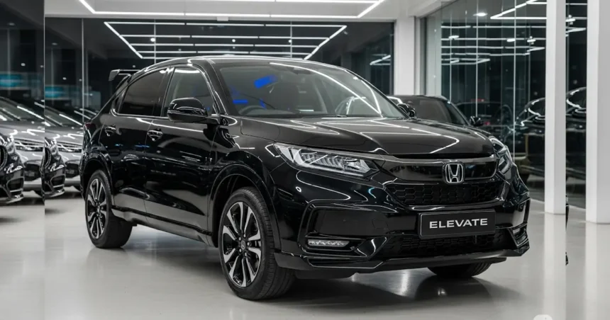 Honda Elevate Elite Pack के साथ ब्लैक ग्रिल, एंबिएंट लाइटिंग और स्पॉयलर के साथ शो-रूम डिस्प्ले पर दिख रही SUV