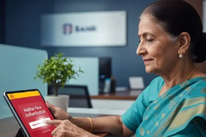 Aadhaar Face Authentication Banking IPPB India:आधार फेस ऑथेंटिकेशन से डिजिटल बैंकिंग करते हुए बुज़ुर्ग महिला की तस्वीर।