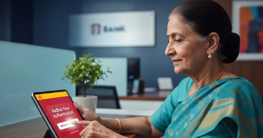 Aadhaar Face Authentication Banking IPPB India:आधार फेस ऑथेंटिकेशन से डिजिटल बैंकिंग करते हुए बुज़ुर्ग महिला की तस्वीर।